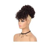 Chignon Synthetic Short Kinky Curly Drawstring Ponytail with Bangs, Clip in Afro High Puff Hair Bun Hairpiece Hairpieces(1BT33)