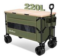Chihee Garden Cart Collapsible Outdoor Utility Wagon Cart,Folding Beach Cart Oversized Capacity 220L,Heavy Duty Portable Wagon All Terrain Wheels Oversized Pocket 1 Foldable Desktop 2 Drink Holders