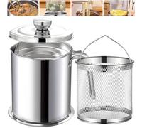 Chihee Grease Container Deep Fryer 2 in 1 Stainless Steel Bacon Grease Saver with Fine Mesh Strainer Frying Basket 2L / 67.6 fl oz Oil Strainer Pot Grease Can with Lid Tray for Kitchen Frying Stewing