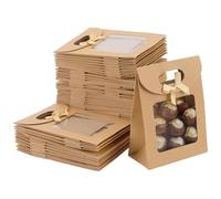 CHIHEUNG 50PCS Kraft Paper Gift Bags, Small Gift Bags with Window and Bow, Brown Stand Up Paper Bags, Sweet Cone Bags for Birthday Wedding Holiday Packaging, 6 x 12 x 16 cm