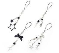 chihimoer 4PCS Black-phone Charm Y2K Phone Accessories Aesthetic Keychain Star Flower Cute Decor String Cellphone Chain Pendant Strap Lanyard Butterfly Crystal Ribbon Bead Gothic Young