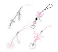 chihimoer 4PCS Pink-phone Charm Y2K Phone Accessories Aesthetic Keychain Star Flower Cute Decor String Cellphone Chain Pendant Strap Lanyard Butterfly Crystal Ribbon
