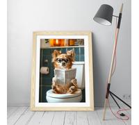 Chihuahu sitting on a toilet reading Stunning Framed Wall Art Print Picture - A2 - Light Oak Frame