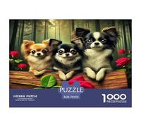 Chihuahua Adult Jigsaws Three Puppies on Wood with Rose Puzzle for Adults Great Gift Idea Compact Box 70x50cm/1000pcs