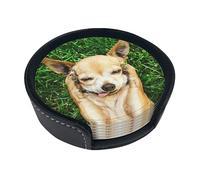 Chihuahua Dog Coasters For Drinks, 6 Pcs Leather Coaster With Holder, Round Cup Mat Pad Set For Home And Kitchen 3.9 Inches