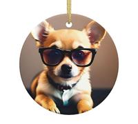 Chihuahua Dog Glasses Christmas Ceramic Decorative Ornament, Round Personalized Gift Xmas Home Keepsake Hanging