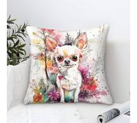 Chihuahua Dog Pillow Cases Modern Art Decorative,Watercolor Floral Pattern Square Cushion Cases Soft Polyester Throw Pillow Cases for Living Room Sofa Couch Bed Pillowcases 50x50cm