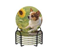 Chihuahua Dog Sunflowers Coasters for Drinks,Absorbent Ceramic Coasters Set of 6 with Cork Base,Funny Cup Beverage Coaster with Holder Drink Coaster Cup Mat Pad for Tabletop Protection