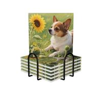 Chihuahua Dog Sunflowers Coasters for Drinks,Absorbent Ceramic Coasters Set of 6 with Cork Base,Funny Cup Beverage Coaster with Holder Drink Coaster Cup Mat Pad for Tabletop Protection