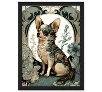 Chihuahua Dog With Floral Pattern Fur Coat Modern Art Nouveau Portrait Illustration Artwork Framed Wall Art Print A4 Artery8 Black One Size