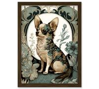 Chihuahua Dog With Floral Pattern Fur Coat Modern Art Nouveau Portrait Illustration Artwork Framed Wall Art Print A4 Artery8 Brown One Size