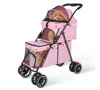 CHIHUAHUA Double Pet Stroller with 2 Detachable Carrier Bag, Foldable Dog Strollers for Small/Medium Dog & Cat, Strollers for 2 Cats with Safety Rope, Lockable Wheels, Pocket for Travel, Pink