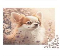 Chihuahua Flower Field Jigsaw Puzzle 1000Pc Recycled Paper for Adults Cute Dog Spring Scene Jigsaws Impossible Hard Challenge Educational Game Decompression Gifts for Women 52x38cm/1000pcs