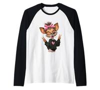 Chihuahua Girl Winking Double Peace Sign Pop Graphic Playful Raglan Baseball Tee