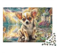 Chihuahua in Village 1000 Piece Puzzle for Adults Chihuahua Puppy Autumn Lake Reflections Challenging Hard Difficult Premium Thick Sturdy Vibrant Stress Relief Family Decor 38x26cm/1000pcs