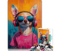 Chihuahua Listening to Music Jigsaws 1000 Pieces for Adults,Challenging Game And Family Play with Fully Interlocking Randomly Shaped Pieces 50x75cm