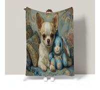 Chihuahua Oil Painting Fleece Throw Blanket 60"X80", Medieval Aesthetics Cozy Soft Plush Warm Lightweight Travel Blankets Light Blue Flannel Blanket For Bedroom Living Rooms Sofa Beds Office