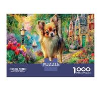 Chihuahua on Flower Path 1000pc Classic Jigsaw Puzzle Canine Art Jigsaw Puzzle Bundle Extra-Thick Cardboard Collector Mind Relaxation Travel Office Break Holiday 52x38cm/1000pcs