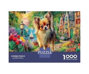 Chihuahua on Flower Path 1000pc Classic Jigsaw Puzzle Canine Art Jigsaw Puzzle Bundle Extra-Thick Cardboard Collector Mind Relaxation Travel Office Break Holiday 52x38cm/1000pcs