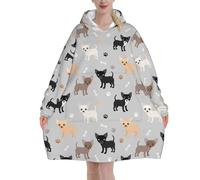 Chihuahua Paws And Bones Oversized Women's Wearable Blanket Hoodie, Flannel Pullover Blanket, Blanket Sweatshirt