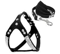 Chihuahua Poodle Pug Rhinestone Studded Adjustable Harness Soft Comfort Glitter Suede Dog Harness And Leash Set,Black Set,L