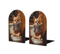Chihuahua Reading On Toilet Seat Bookends For Shelves 2 Pcs Wooden Book Stopper Organizer For Home Office Libraries