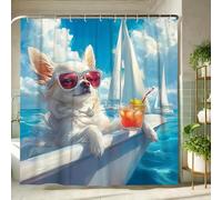 Chihuahua Shower Curtain, Tropical Ocean Blue Beach Scene Bath Curtain for Summer Decor, Fun Modern Animal Style Waterproof Fabric Shower Curtain Set with Hooks 72x78 Inch
