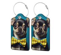 Chihuahua with A Bow Tie Luggage Tag, Pu Leather Travel Luggage Tag Suitcase Tag Durable Steel Loop Suitcase Tags Identifiers