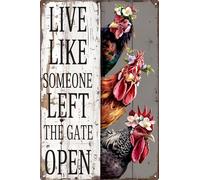 Chiken Gifts Vintage Chicken Decor Sign Live Like Someone Left The Gate Open Tin Sign for Home Chicken Coop Farm Fence Kitchen Bathroom Bedroom Wall Decor 8x12 in