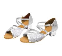 Child Casual Sneaker Children's Latin Dance Shoes Indoor Soft Soled Flat Heel Sequins Dance Shoes Satin Shoes (Silver, 13 Little Child)