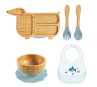 Child Friendly Feeding Tray Set for Infant Baby Over 6 Months Food Eating Bib with Spoon & Fork for Home Daily Travel Baby Dinning Plate