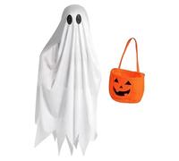 Child Ghost Costume - Spooky White Ghosts Cape With Pumpkin Bag | Ghastly Halloween Fancy Dress Cloak | White Ghost Cloak Perfect For School Plays, Costume Parties & Haunted House Events