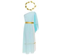 Child Girls Greek Princess Suits One Shoulder Maxi Toga Dress with Laurel God of War Clothes (Light Blue, 11-12 Years)