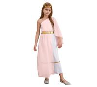 Child Girls Greek Princess Suits One Shoulder Maxi Toga Dress with Laurel God of War Clothes (Pink, 11-12 Years)