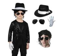 Child King Of Pop Musician Costume Set - Black Sequin Tailcoat, Black & White Hat, Curly Black Wig, Aviator Glasses, Silver Glove - Halloween, Dance, Fancy Dress, Pop Icon - Large