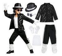 Child Of Musician Costume 7-Piece Set Sequin Jacket Pants With Hat Sunglasses Gloves And T-Shirt 80s 90s Music For Halloween Party Stage Performance And Fancy Dress (12-13 Years)