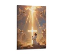 Child Praying Before Glowing Cross With Angels Wall Art, Divine Religious Decor For Home And Prayer Room Artistic Wall Mural Modern Hanging Decor Poster20x30inch(50x75cm)