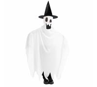 Child’s Ghost & Witch Hat Costume - White Jagged Edge Tunic with Attached Ghost Mask - Kids Friendly Halloween Fancy Dress Outfit - Standard
