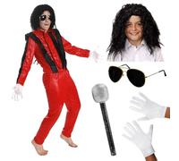 Child’s King of Pop Costume - Red Jacket, Trousers, Gold Frame Glasses, Silver Mic Prop, Wig & Gloves - Kids Music Icon Fancy Dress Outfit for Halloween, Parties & Performances