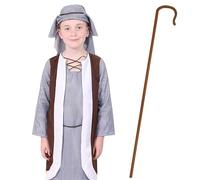 Child’s Nativity Joseph Costume With Crook - Medium - Blue and White Striped Tunic With Brown Coat, Matching Headpiece and 4 Piece Crook - Perfect for Nativity Plays and Christmas Fancy Dress