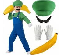 Child Super Workman Plumber Costume Set with Green Hat, Dungarees, Tash, Gloves and Inflatable Banana - Fun Character Fancy Dress Outfit for Parties and Events