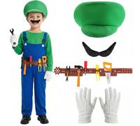 Child Super Workman Plumber Costume Set with Green Hat, Dungarees, Tash, Gloves and Play Tools & Belt - Fun Character Fancy Dress Outfit for Parties and Events