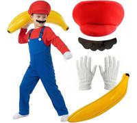 Child Super Workman Plumber Costume Set with Red Hat, Dungarees, Tash, Gloves and Inflatable Banana - Fun Character Fancy Dress Outfit for Parties and Events