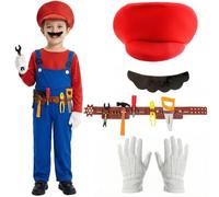 Child Super Workman Plumber Costume Set with Red Hat, Dungarees, Tash, Gloves and Play Tools & Belt - Fun Character Fancy Dress Outfit for Parties and Events