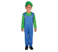 Child Unisex Green Dungarees 90's Video Game Plumber Fancy Dress Costume
