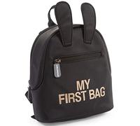 CHILDHOME, Baby Backpack, School, Kindergarten, Nursery, Two Compartments, Lunchbag/Bottle Capacity, Removable Safety Buckle, Waterproof, My First Bag, Black and Gold