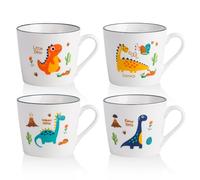 CHILDIKE Ceramic Dino Mug 13 Oz Dinosaur Cup, Cute Porcelain Mug for Breakfast, Cereal, Kawaii, Cartoon, Christmas & Holiday Gifts for Kids, Girls, Boy, Microwave Safe, Set of 4