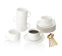 CHILDIKE Porcelain Coffee Cups and Saucers Set of 6 with Gold Spoon 220 ml/ 8 Ounce, Ceramic White Cups for Tea Cappuccino Espresso