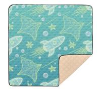 Childish Animal Manta Ray Fish Spaceship Green Blue Large Sturdy Baby Playmat for Floor Water Resistant Travel Play Mat for Babies Infants Toddlers, 50'' x 50''