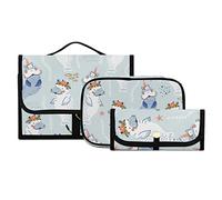 Childish Blue White Manatees with Flowers Unicorn Horns 3 PCs Set Toiletry bags, 1 Women's Travel Cosmetic Bag, 1 Hanging Toiletry Wash Bag, 1 Brush Case, Portable Makeup Storage Case
